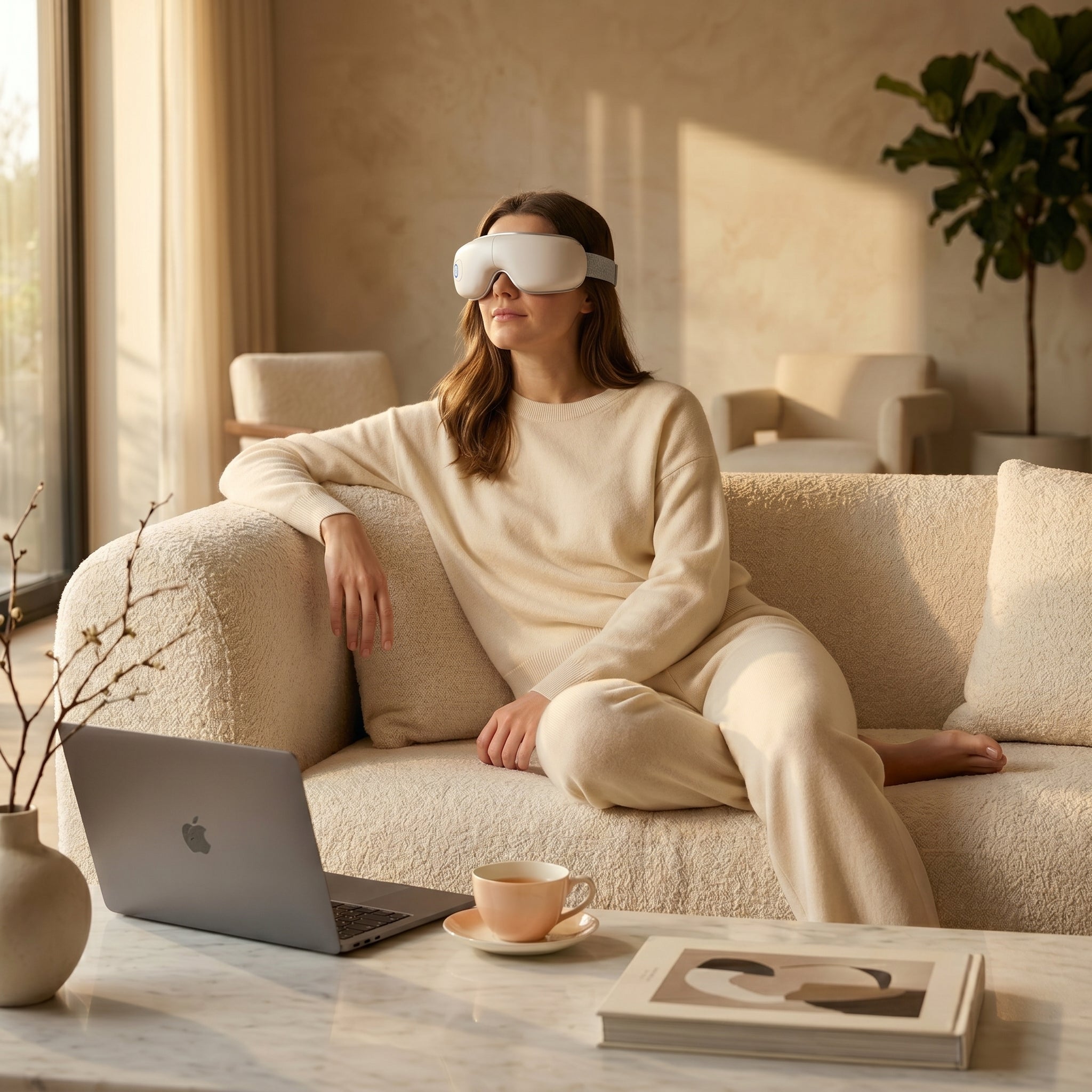 Mujer relajándose con el masajeador ocular SERENŌ™
